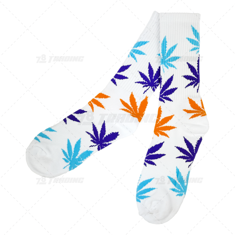 Huckleberry Crew Socks With All-Over Leaf Graphics - WHITE x MULTI COLOR