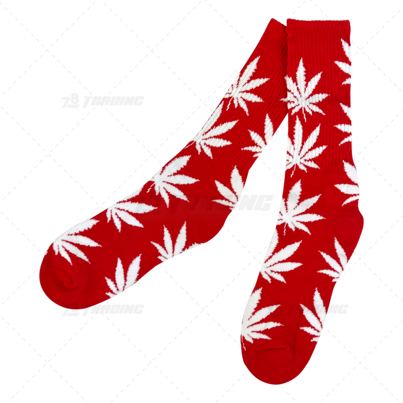 Huckleberry Crew Socks With All-Over Leaf Graphics - RED x WHITE
