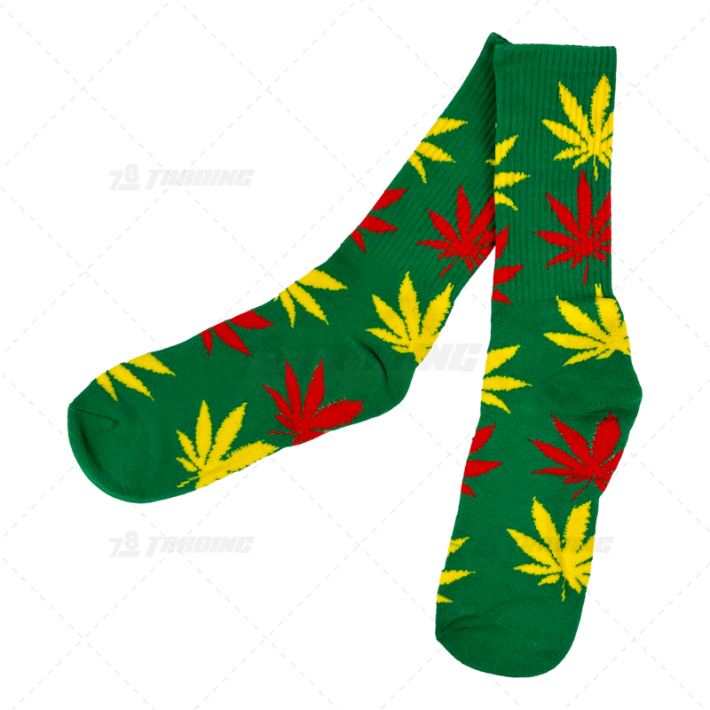 Huckleberry Crew Socks With All-Over Leaf Graphics - GREEN x MULTI COLOR