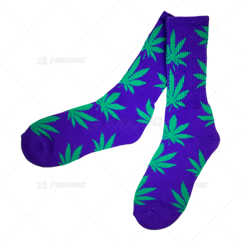 Huckleberry Crew Socks With All-Over Leaf Graphics - PURPLE x GREEN