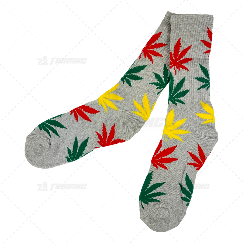 Huckleberry Crew Socks With All-Over Leaf Graphics - GREY x MULTI COLOR