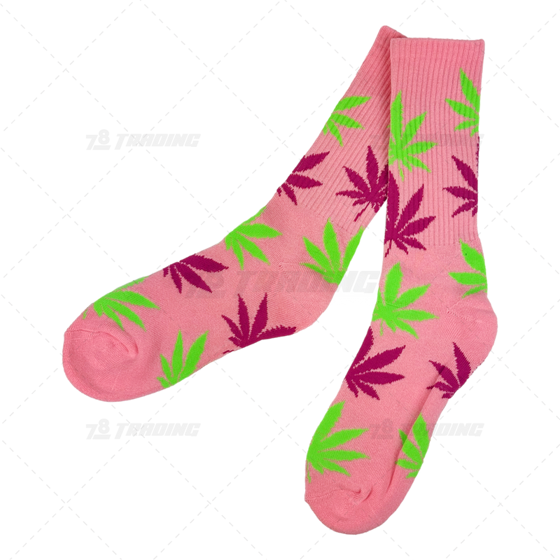 Huckleberry Crew Socks With All-Over Leaf Graphics - PINK x MULTI COLOR