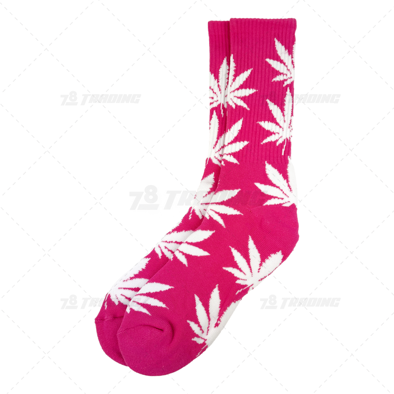 Huckleberry Crew Socks With All-Over Leaf Graphics - MAGENTA x WHITE