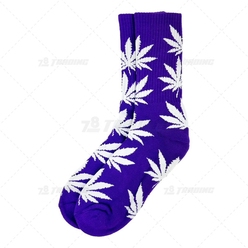 Huckleberry Crew Socks With All-Over Leaf Graphics - PURPLE x WHITE