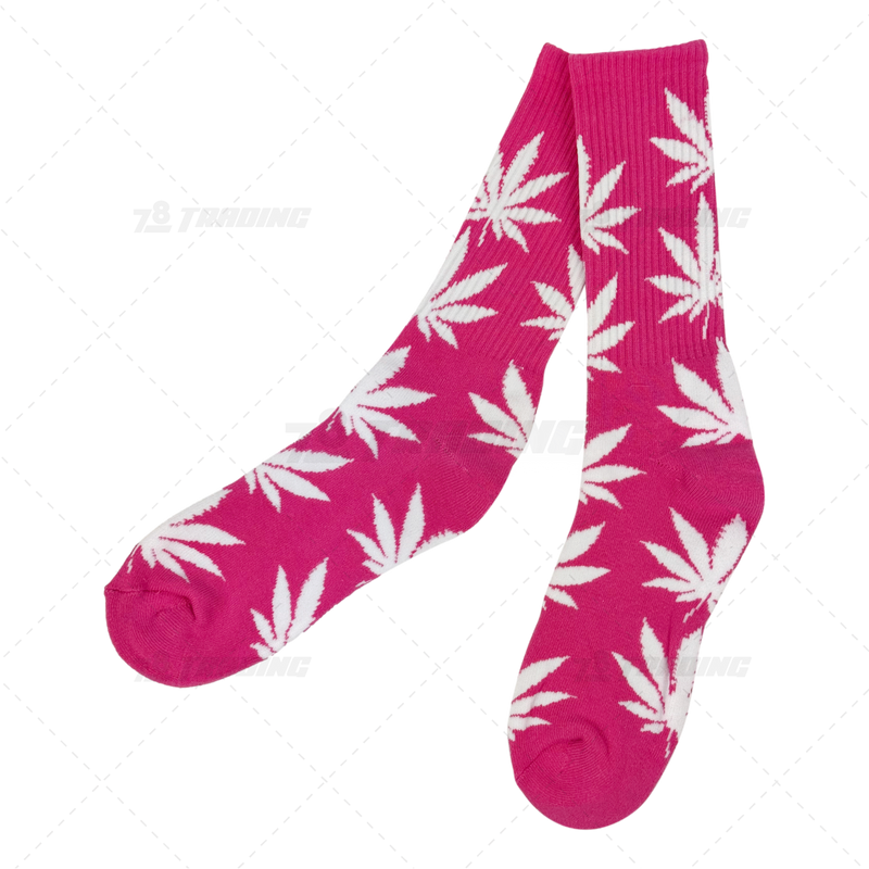 Huckleberry Crew Socks With All-Over Leaf Graphics - MAGENTA x WHITE