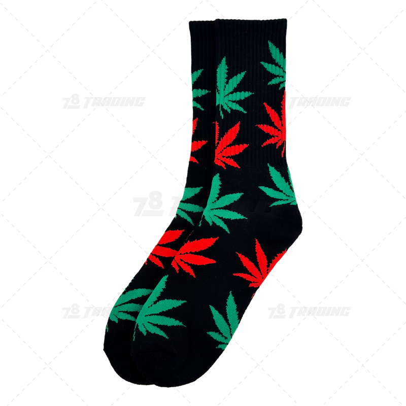 Huckleberry Crew Socks With All-Over Leaf Graphics - BLACK x MULTI COLOR