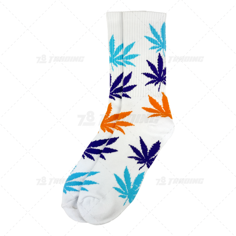 Huckleberry Crew Socks With All-Over Leaf Graphics - WHITE x MULTI COLOR