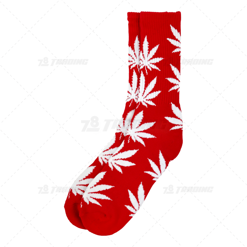 Huckleberry Crew Socks With All-Over Leaf Graphics - RED x WHITE