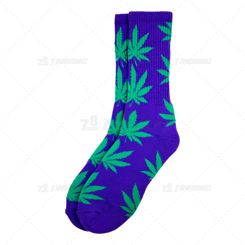 Huckleberry Crew Socks With All-Over Leaf Graphics - PURPLE x GREEN