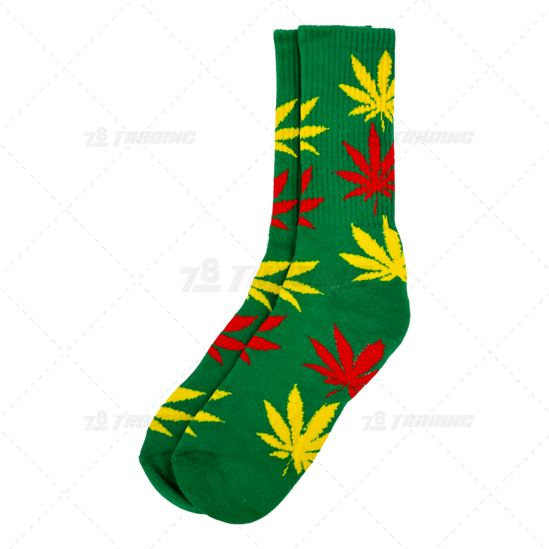 Huckleberry Crew Socks With All-Over Leaf Graphics - GREEN x MULTI COLOR