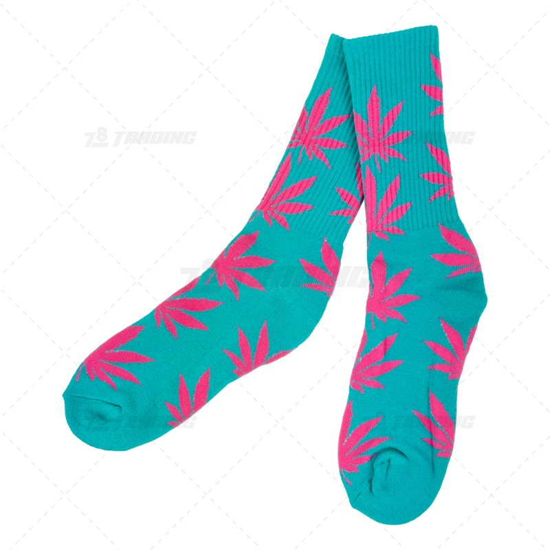 Huckleberry Crew Socks With All-Over Leaf Graphics - CYAN x MAGENTA