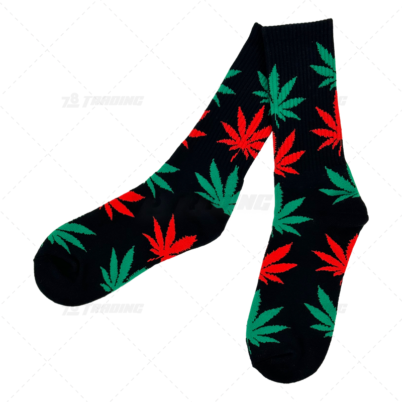 Huckleberry Crew Socks With All-Over Leaf Graphics - BLACK x MULTI COLOR