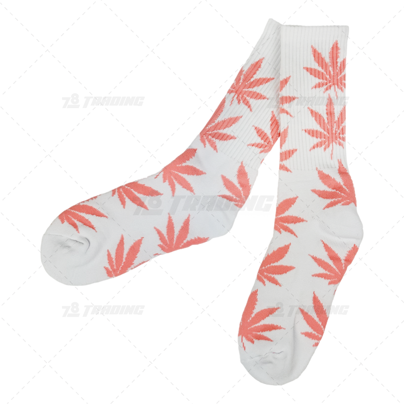 Huckleberry Crew Socks With All-Over Leaf Graphics - WHITE x LIGHT PINK