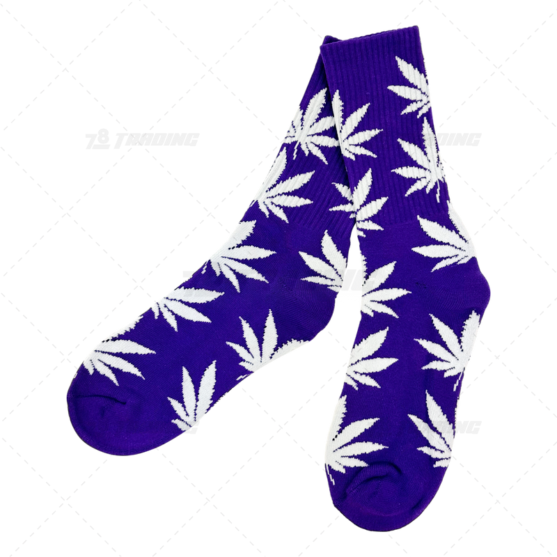 Huckleberry Crew Socks With All-Over Leaf Graphics - PURPLE x WHITE