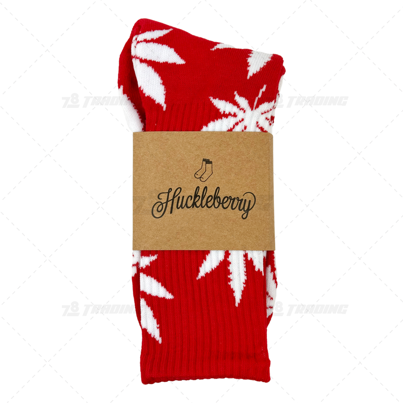 Huckleberry Crew Socks With All-Over Leaf Graphics - RED x WHITE