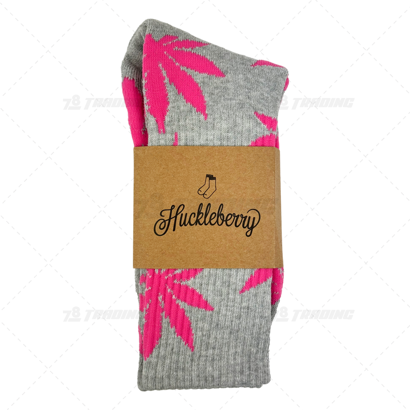 Huckleberry Crew Socks With All-Over Leaf Graphics - GREY x MAGENTA